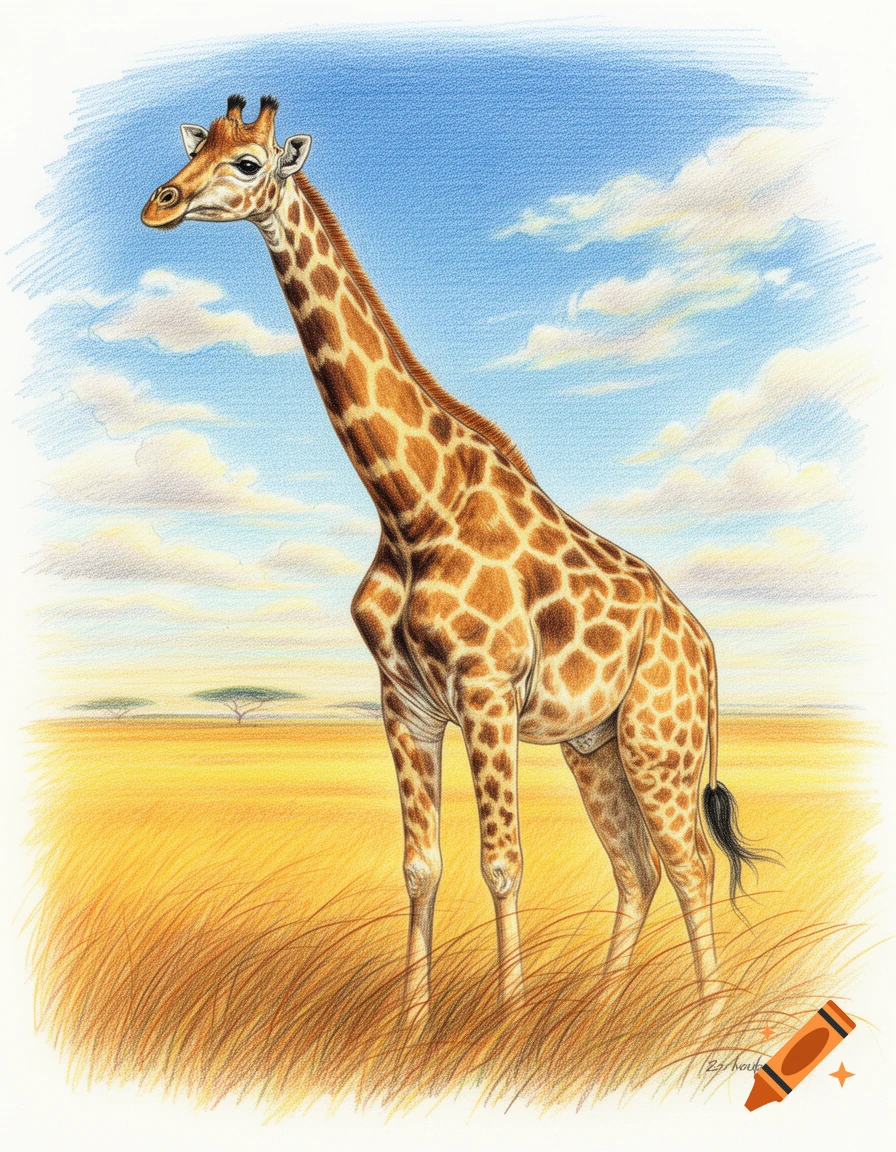A colored pencil drawing of a giraffe standing in a golden savanna under a blue sky with clouds.