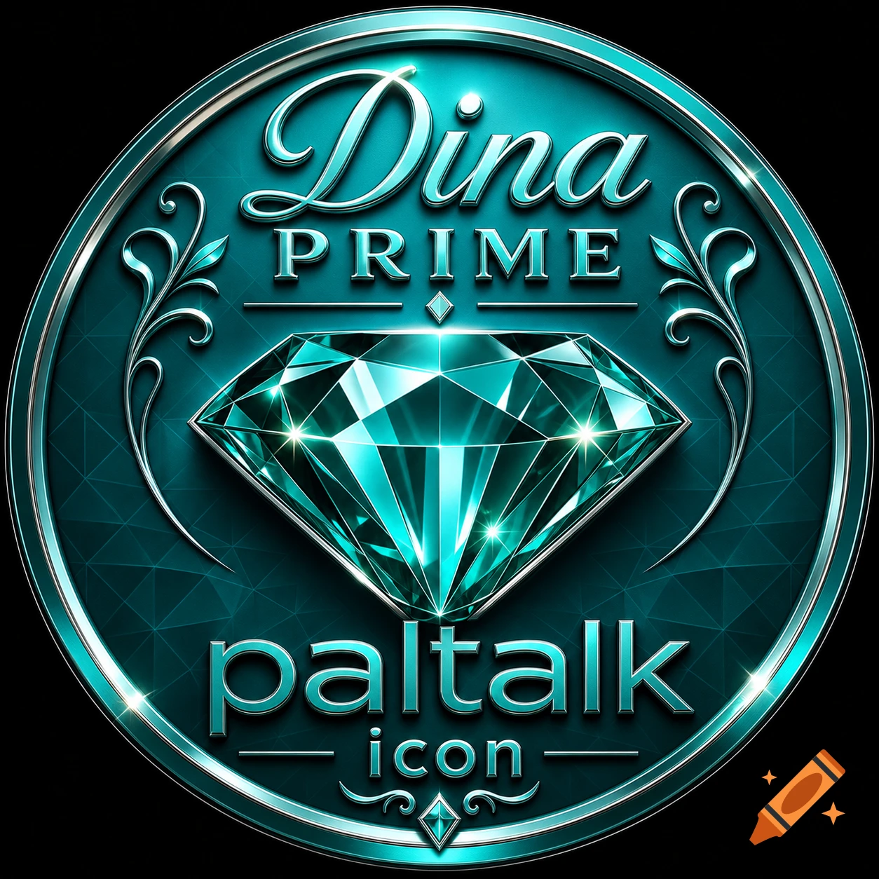 A circular teal and silver luxury logo featuring a shimmering faceted diamond at its center. The text 'Dina PRIME', 'paltalk', and 'icon' is embossed on the metallic surface.