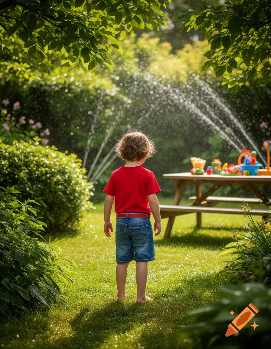 A young boy in a red shirt and blue shorts stands barefoot in a sunny green garden, watching water sprinklers. Toys are on a picnic table nearby.