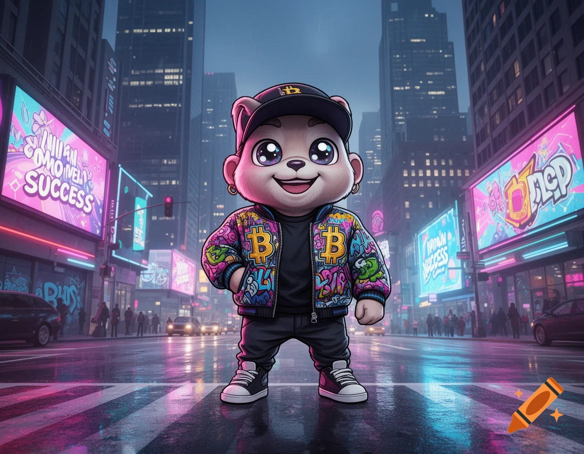 A cute cartoon bear mascot with a Bitcoin-themed jacket and cap stands on a wet city street at night, surrounded by neon signs and skyscrapers.