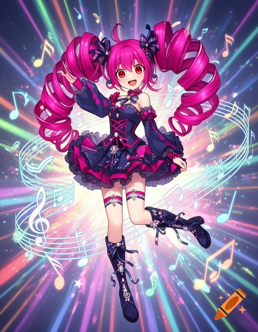 A vibrant anime girl with long pink pigtails and red eyes, wearing a dark blue and pink frilly dress, dancing amidst colorful light streaks and musical notes.
