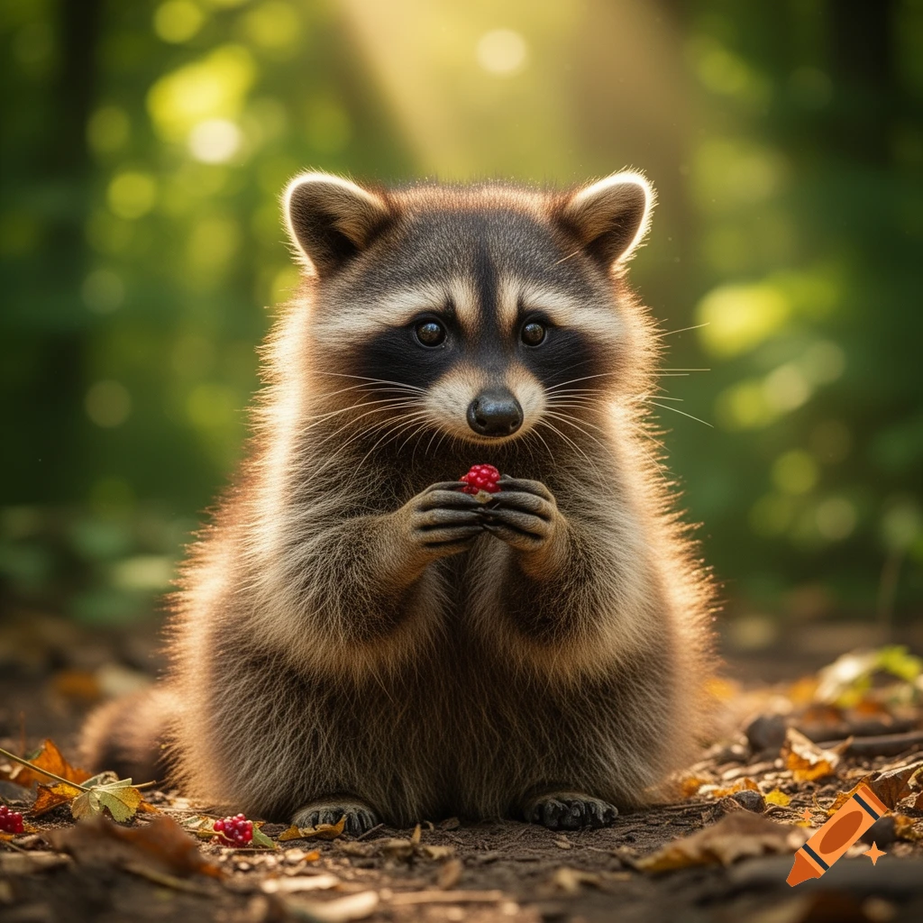 A fluffy raccoon with a striped mask sits on forest ground, holding a red berry in its paws, bathed in golden sunlight.