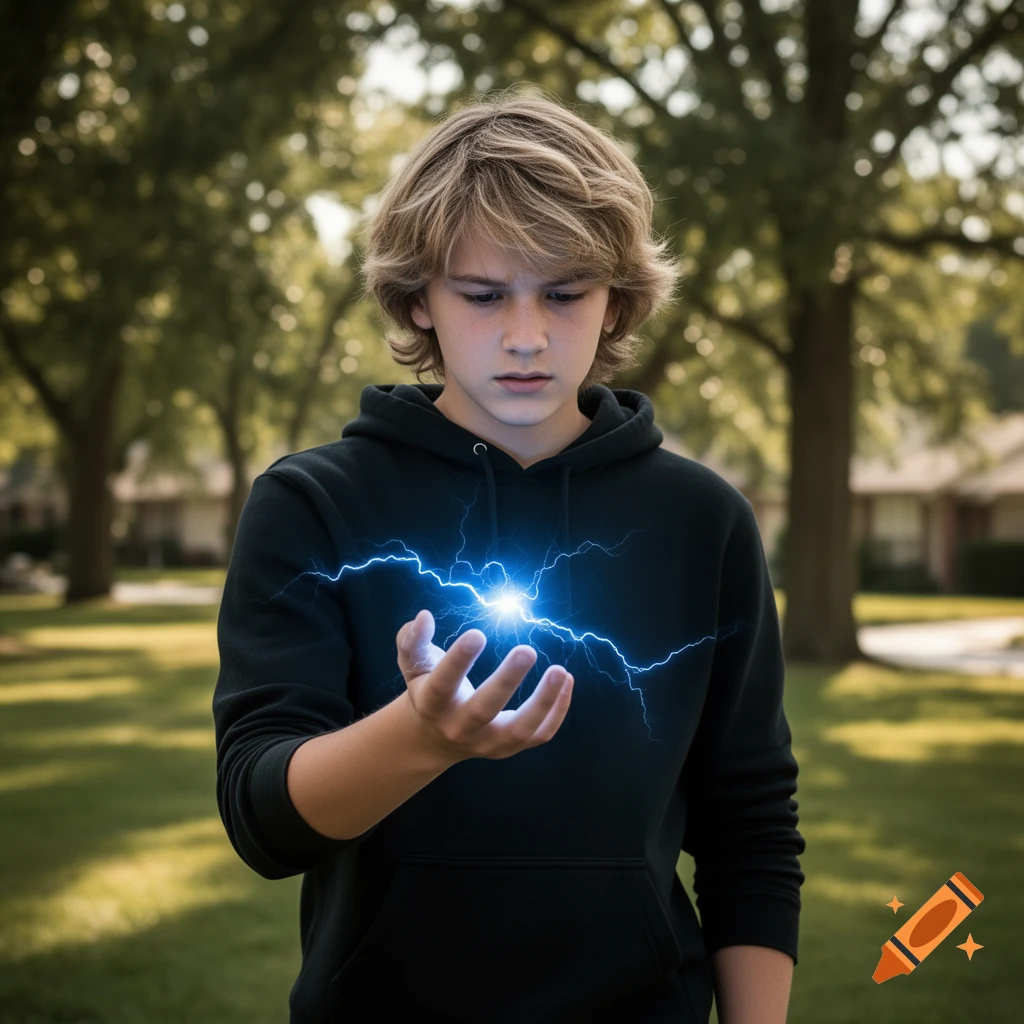 A boy with messy blonde hair holds out his hand, with blue lightning crackling around his fingertips, outdoors in a park.