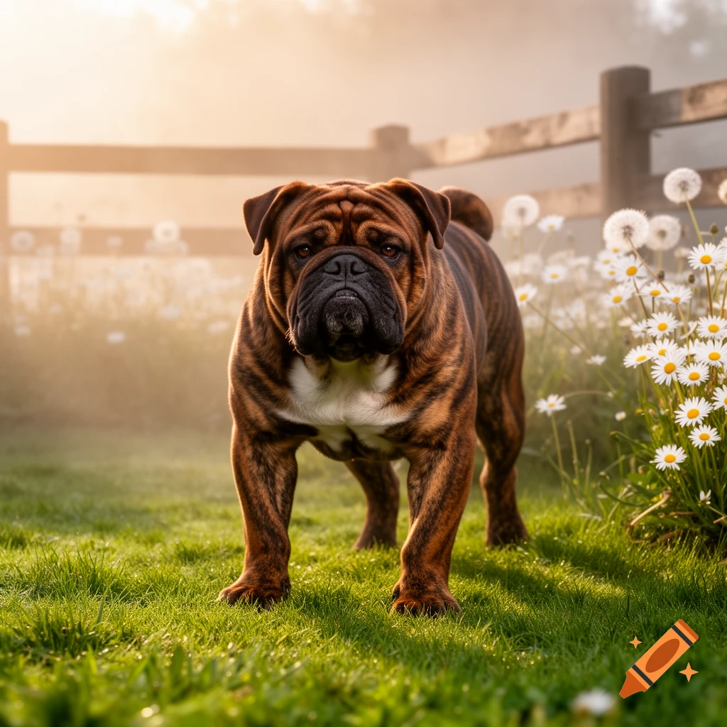 A brindle bulldog stands in a sun-drenched, misty green field surrounded by white daisies and dandelions, with a wooden fence in the background.