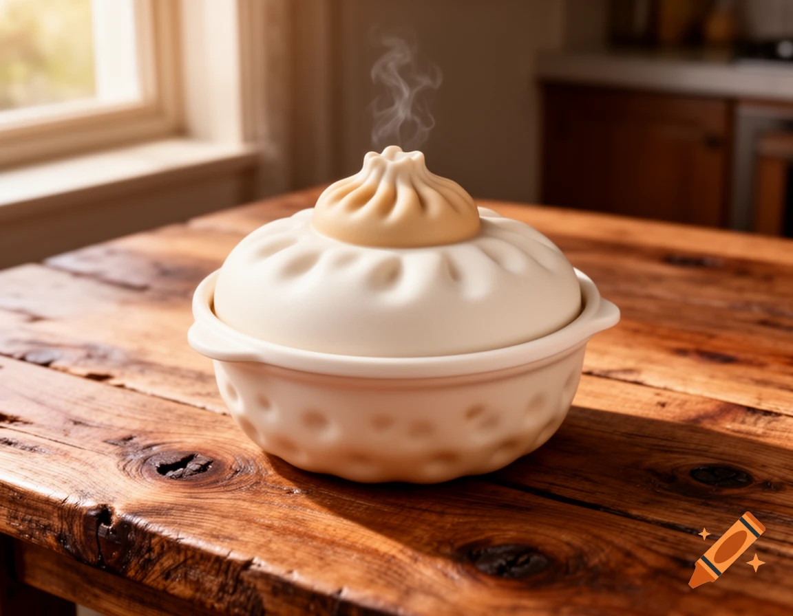 A ceramic dumpling-shaped container with steam rising from it sits on a rustic wooden table.