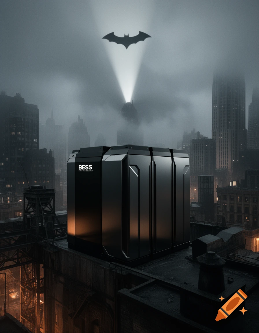 A dark, foggy cityscape at night with a large black futuristic battery storage unit on a rooftop. The Bat-signal shines in the sky.