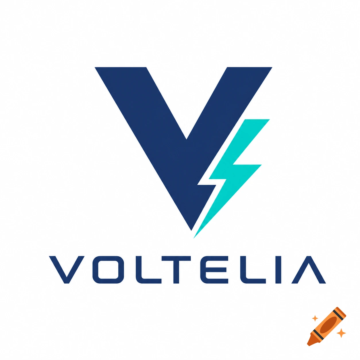A minimalist flat vector logo for VOLTELIA, featuring a dark blue stylized letter V merged with a bright electric-teal lightning bolt, on a white background.