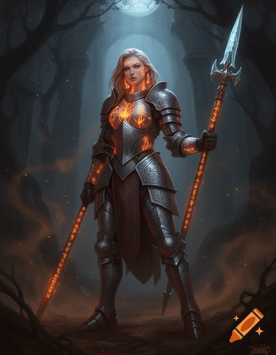 A female warrior in ornate full plate armor with glowing runic tattoos holds a glowing rune-covered spear in a dark, moonlit forest.
