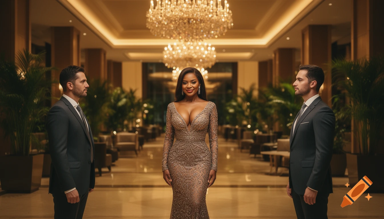 A photorealistic image of a woman in a dazzling evening gown standing confidently between two men in suits in a luxury hotel lobby.