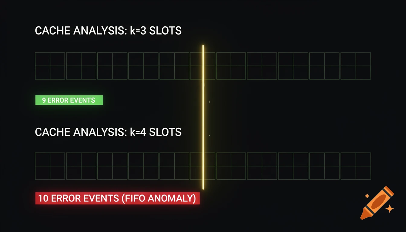 A high-tech UI dashboard infographic in dark mode showing two horizontal grid charts for cache analysis. Labels read "CACHE ANALYSIS: k=3 SLOTS" with "9 ERROR EVENTS" and "CACHE ANALYSIS: k=4 SLOTS" with "10 ERROR EVENTS (FIFO ANOMALY)". A neon-yellow laser line cuts vertically through the charts.