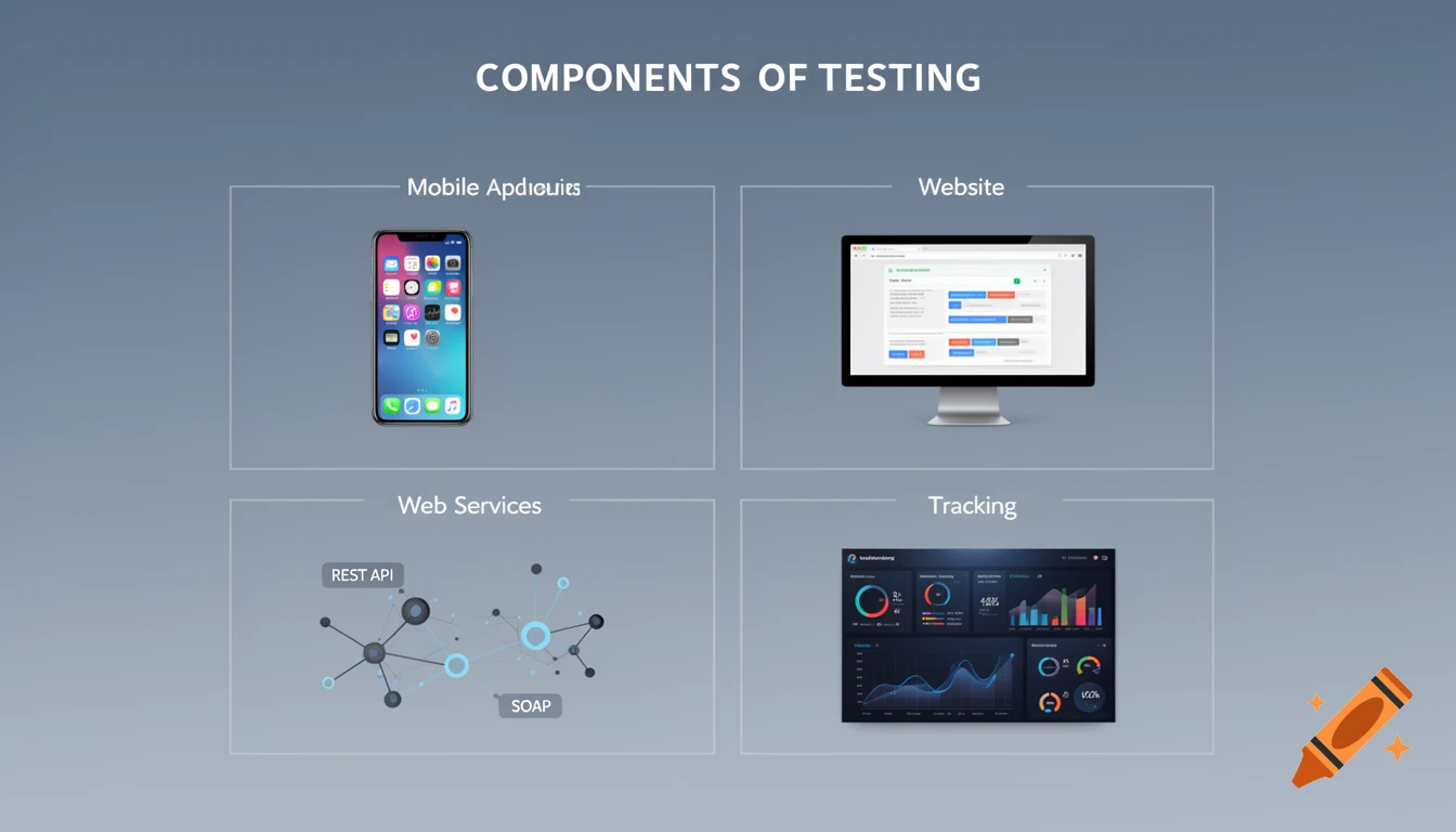 Presentation slide illustrating 'Components of Testing' with sections for Mobile Applications (phone), Website (monitor), Web Services (REST API, SOAP diagram), and Tracking (dashboard).