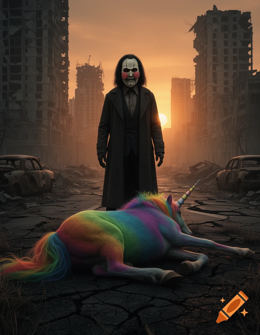 A figure in a Jigsaw-like mask stands over a prone rainbow unicorn on a cracked road in a post-apocalyptic city at sunset.