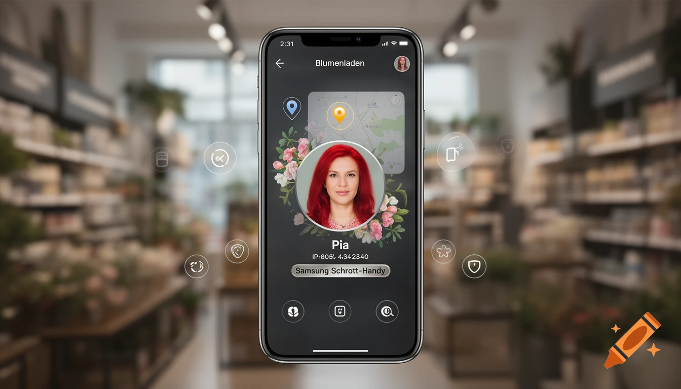 Photorealistic image of a smartphone displaying a tracking app profile with a woman's face, map, and text, against a blurred flower shop.