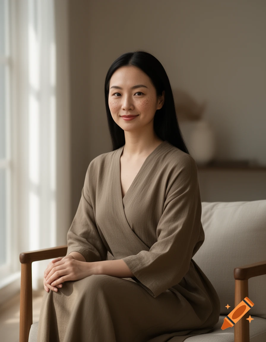 A young Asian woman with long black hair and freckles, wearing a brown dress, sits smiling in a sunlit room.