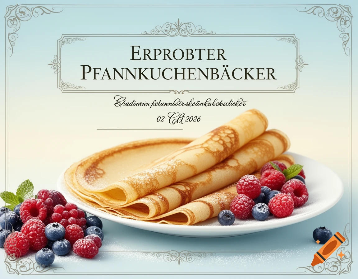 A light blue and cream certificate template features a stack of golden crepes with raspberries and blueberries, dusted with powdered sugar, set against an ornate frame. The German text "ERPROBTER PFANNKUCHENBÄCKER" is at the top.