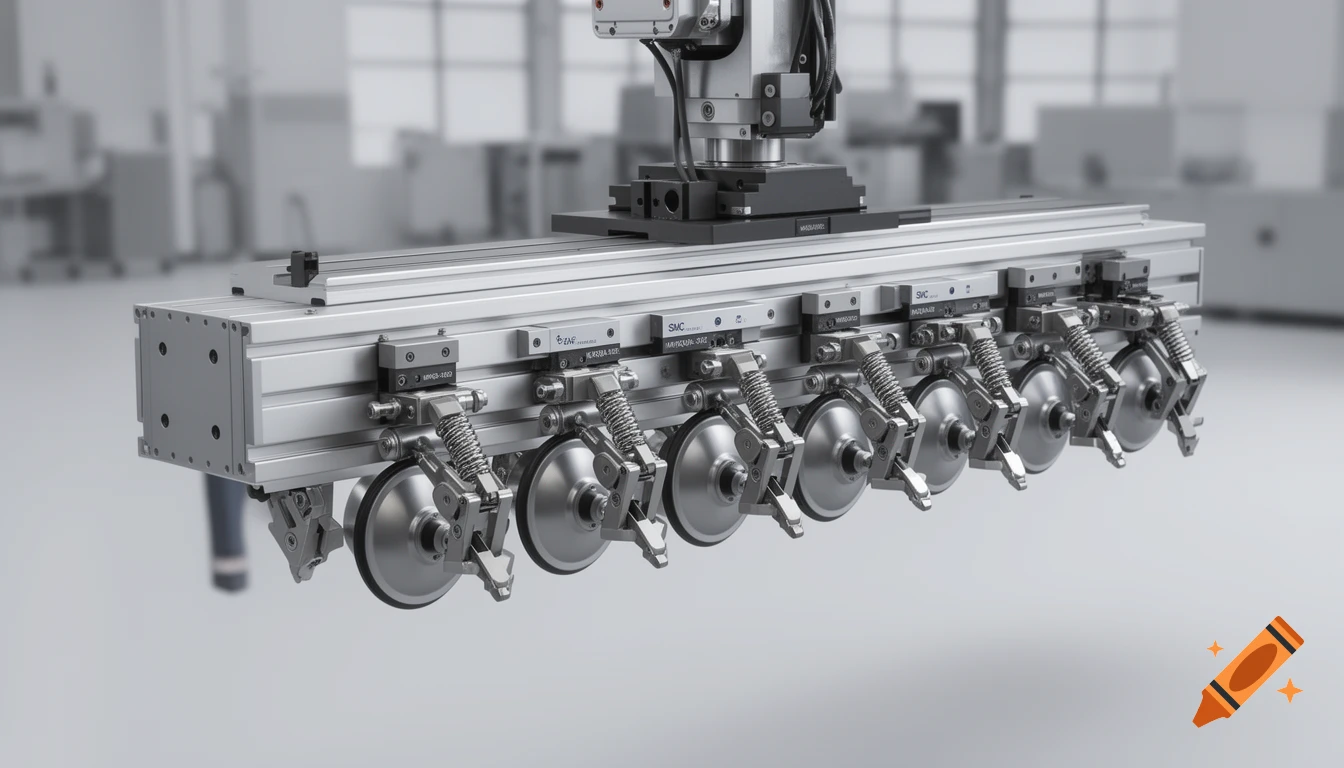 Close-up of a modern robotic gripper system with multiple components, including linear guides, springs, and grippers, in a factory setting.