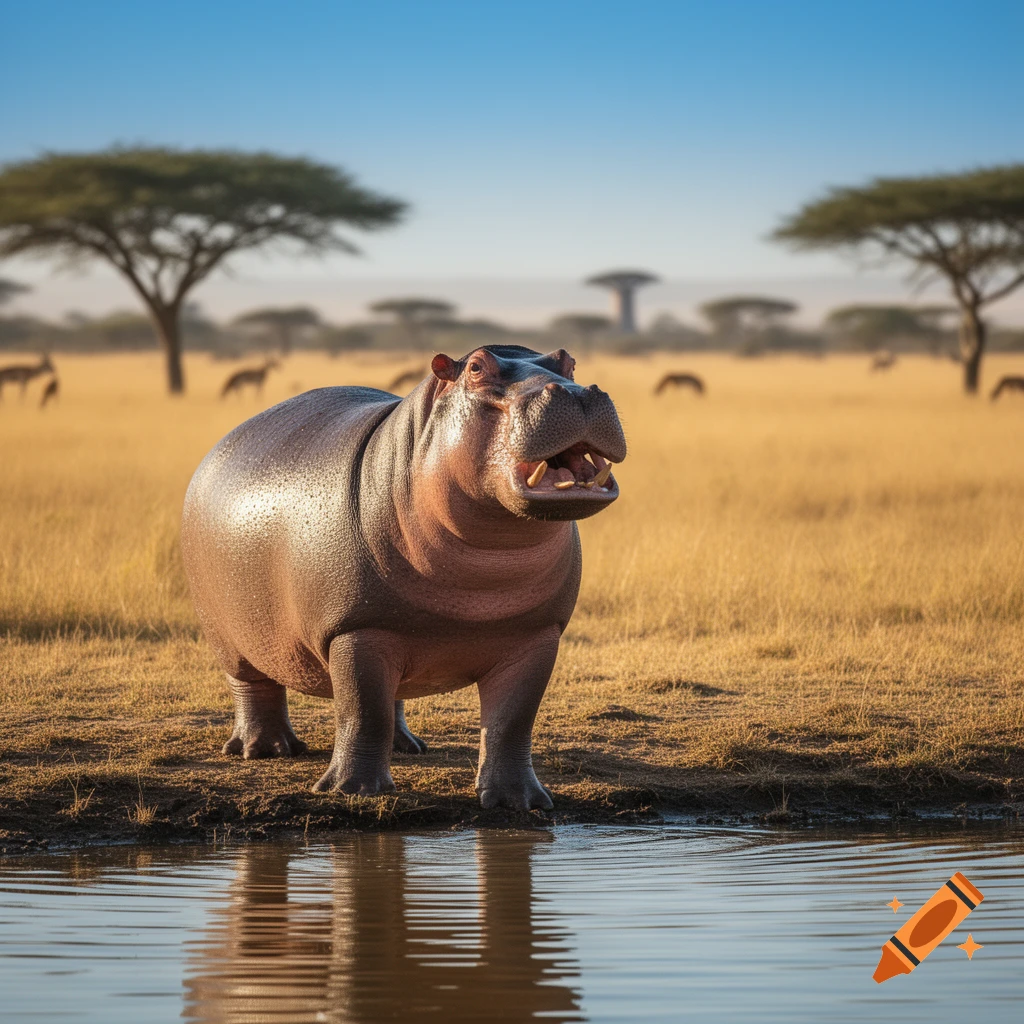 A hippo stands by a watering hole in a sunlit savanna, with trees and distant animals in the background.