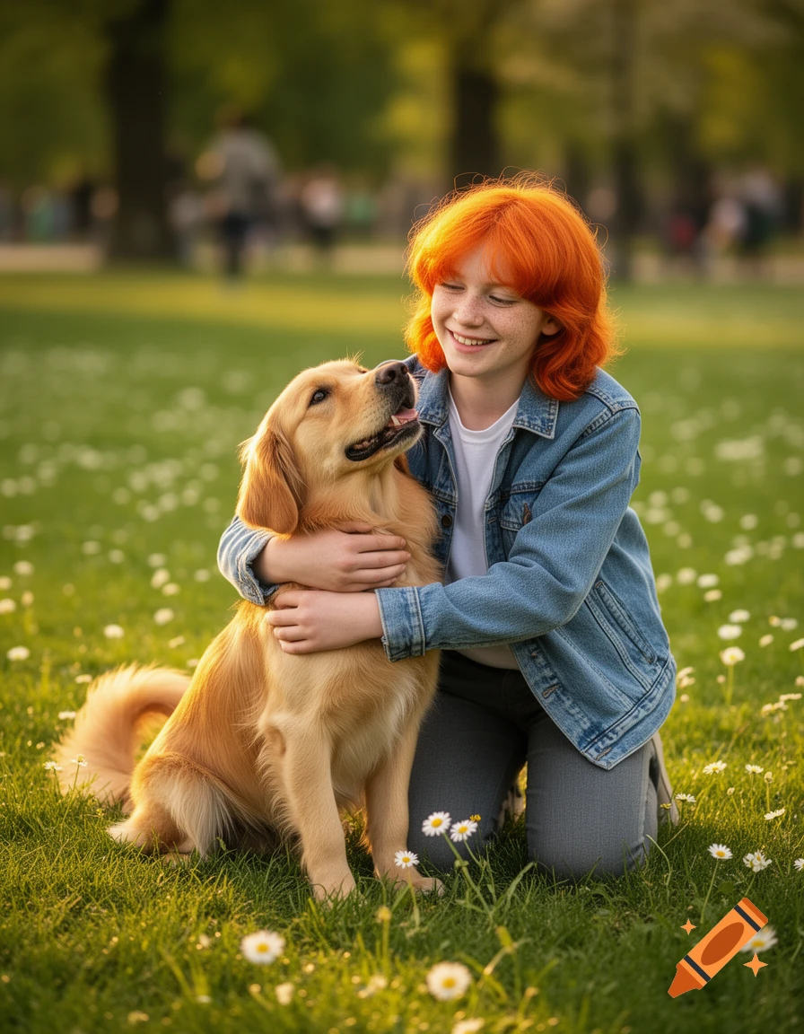 A smiling ginger-haired teenager kneels in a sunny grassy park, hugging a golden retriever with small white flowers scattered around them.