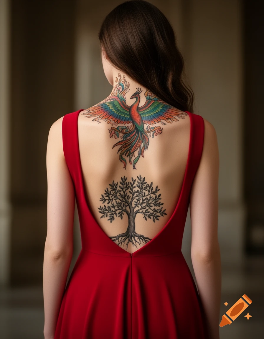 Woman in a red backless dress with phoenix and tree tattoos on her back.