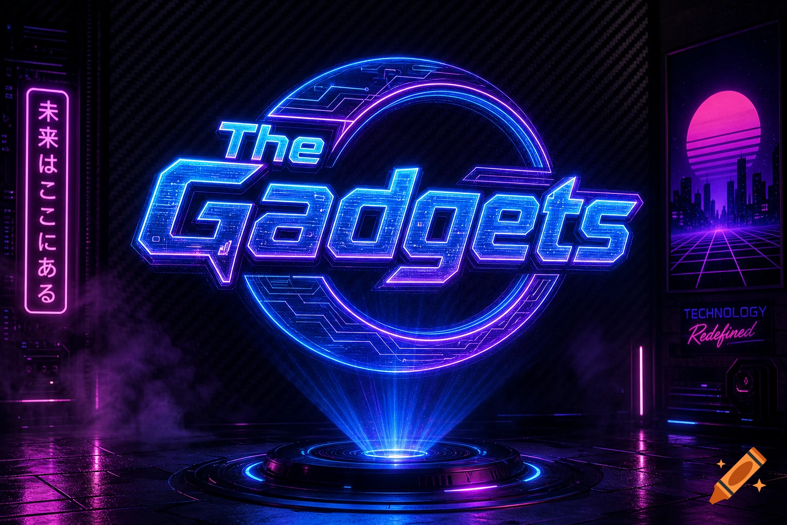 Holographic 'The Gadgets' logo in blue and purple neon, emitting light on a dark, smoky cyberpunk stage with tech accents.