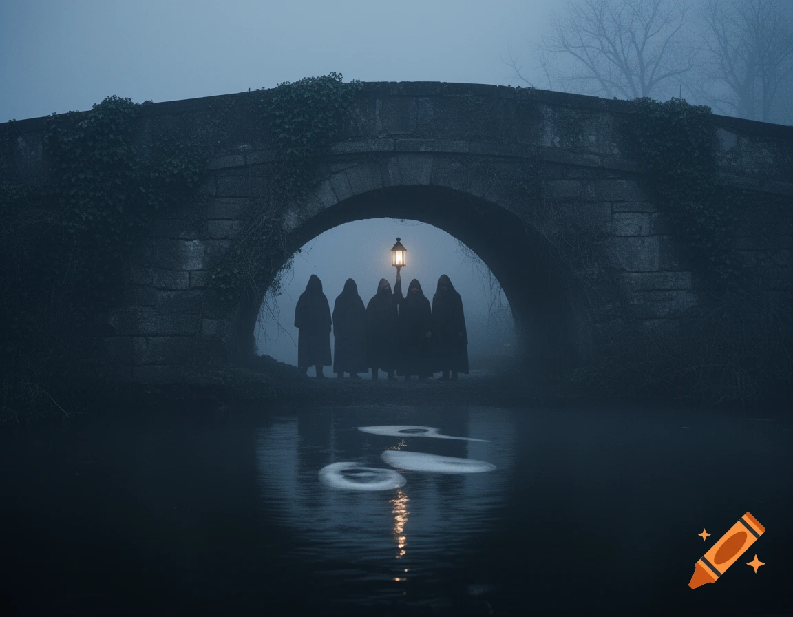 Five hooded figures stand under a stone bridge with a glowing lantern reflected in the dark water below, in a thick, eerie fog.