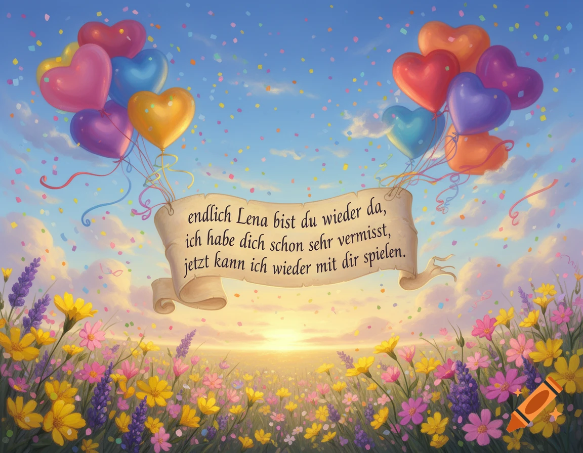 Colorful heart balloons, confetti, and a banner with German text float above a vibrant field of wildflowers at sunset.