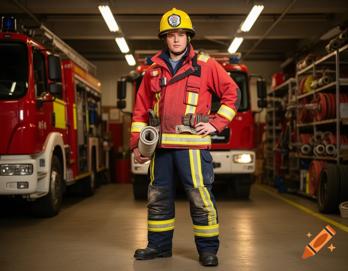 A person in a red and blue firefighter uniform and yellow helmet stands in a fire station with two fire trucks.