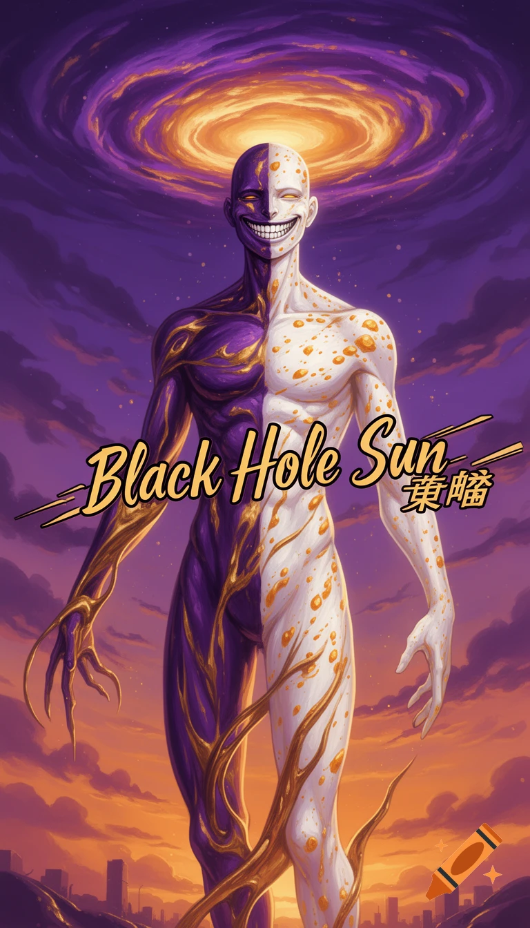A surreal, split-toned humanoid figure with an uncanny smile and golden patterns, under a swirling cosmic halo above a city skyline, with text "Black Hole Sun".
