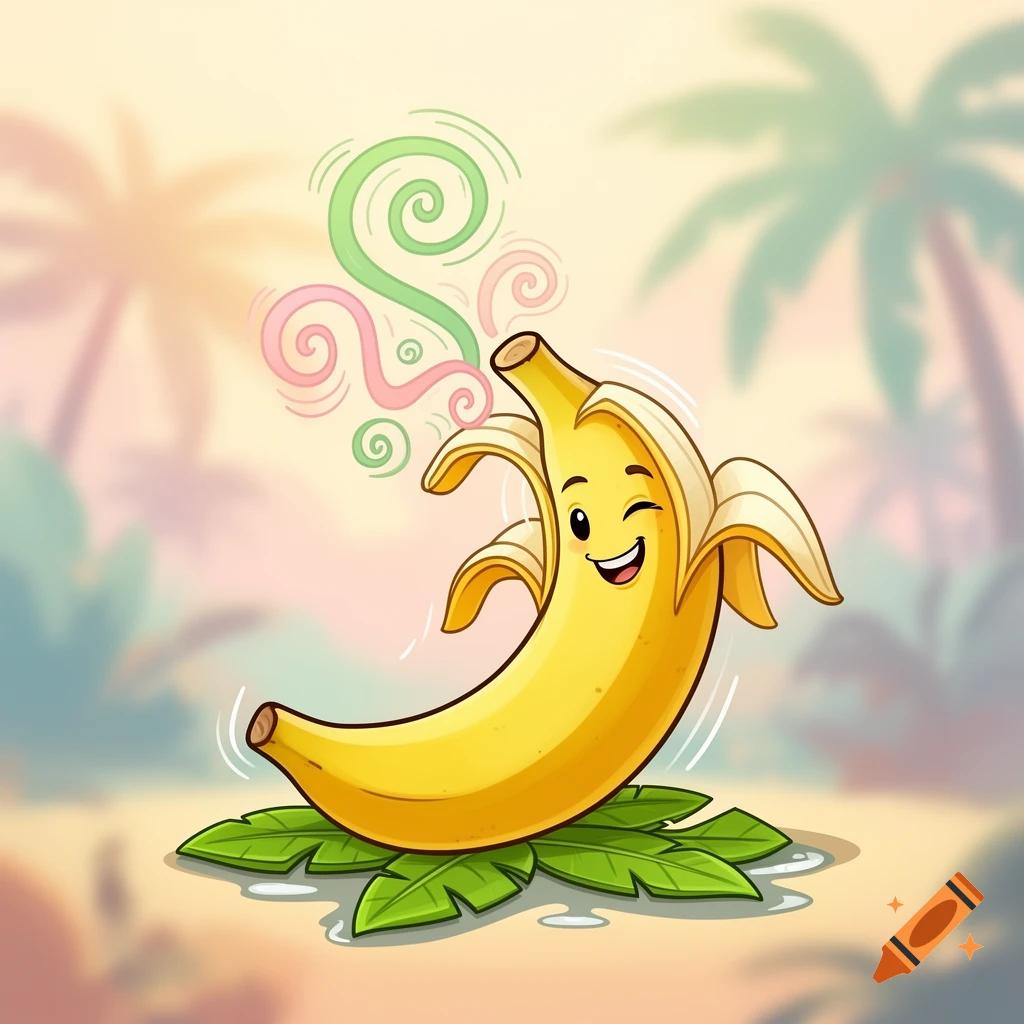 A smiling, winking cartoon banana, partially peeled, sits on green leaves with smell lines emanating from its top, set in a tropical background.