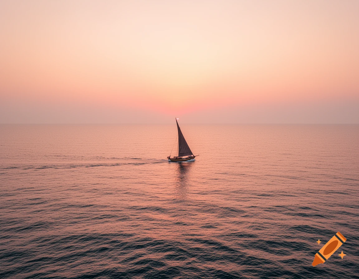 A sailboat sails across a calm ocean at sunset, casting a reflection on the water.