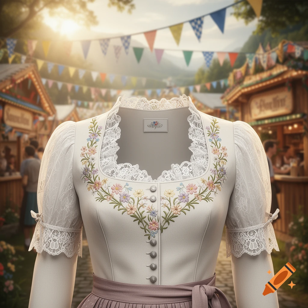 A detailed illustration of a white Dirndl blouse with intricate floral embroidery and lace trim, set against a blurred background of a festive outdoor market at sunset.