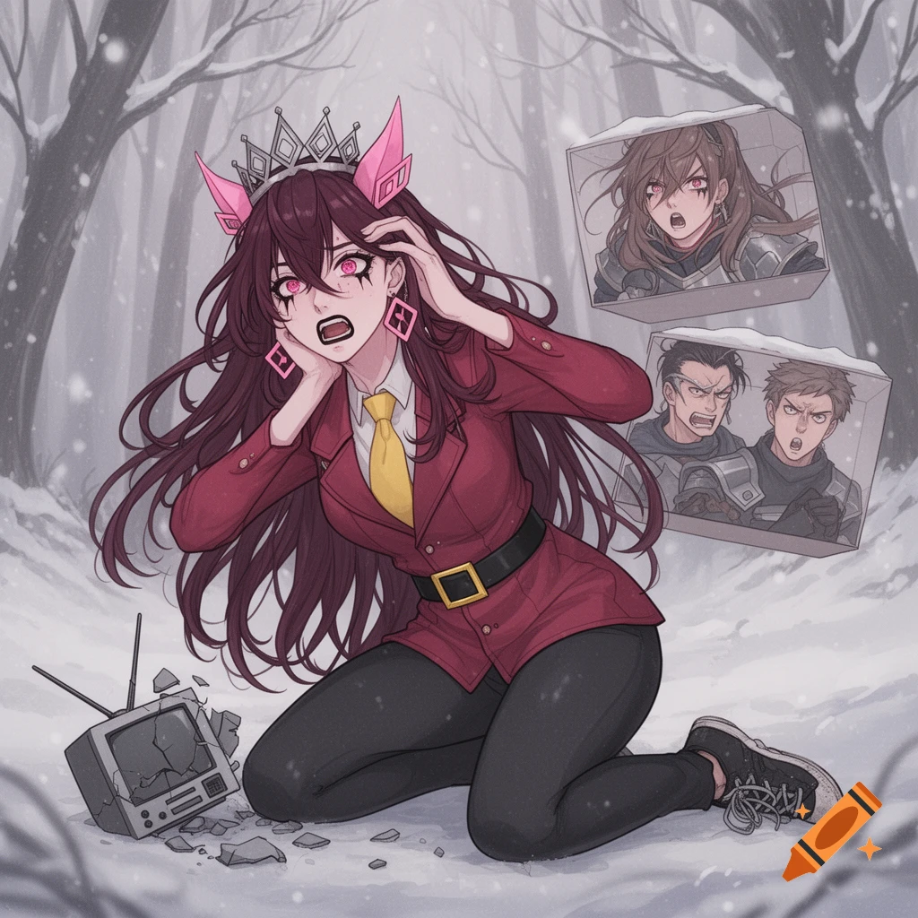 An anime character with pink ears and a crown kneels in the snow, distressed, next to a broken TV. Two more characters are in floating boxes nearby.
