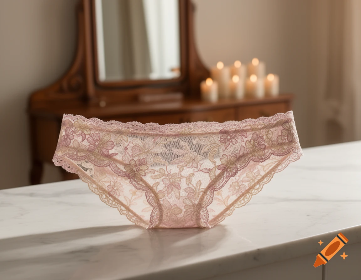 Pink lace floral panties rest on a white marble counter, with blurred candles and a wooden dresser in the background.