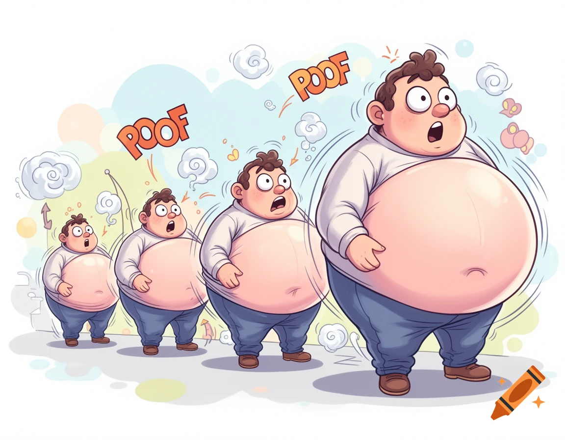 A cartoon illustration shows four versions of a man, each successively larger with an expanding belly, making a surprised face, with 'POOF' text in speech bubbles.