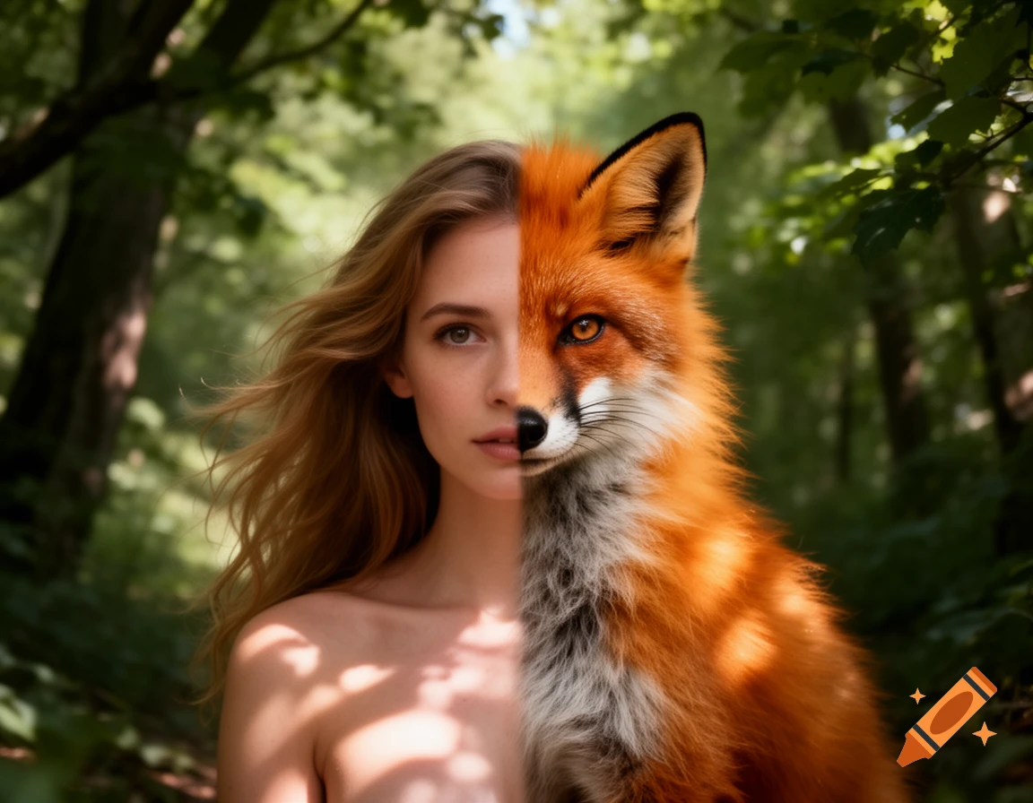 A surreal portrait of a woman merged with a fox, set in a lush forest.