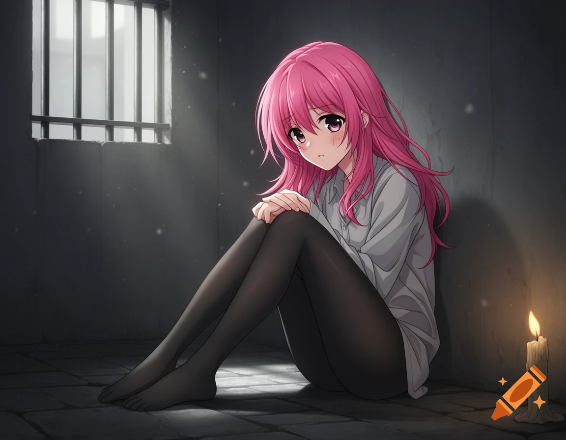 An anime girl with pink hair, wearing a white shirt and black tights, sits curled up in a dim prison cell with a single candle.