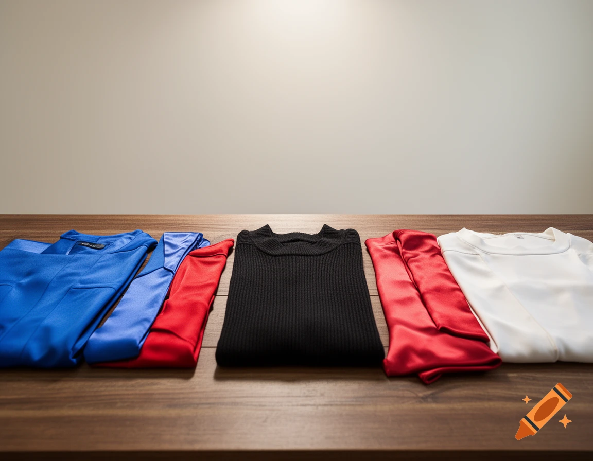 Photorealistic image of blue, red, black, and white folded clothing arranged on a wooden table.
