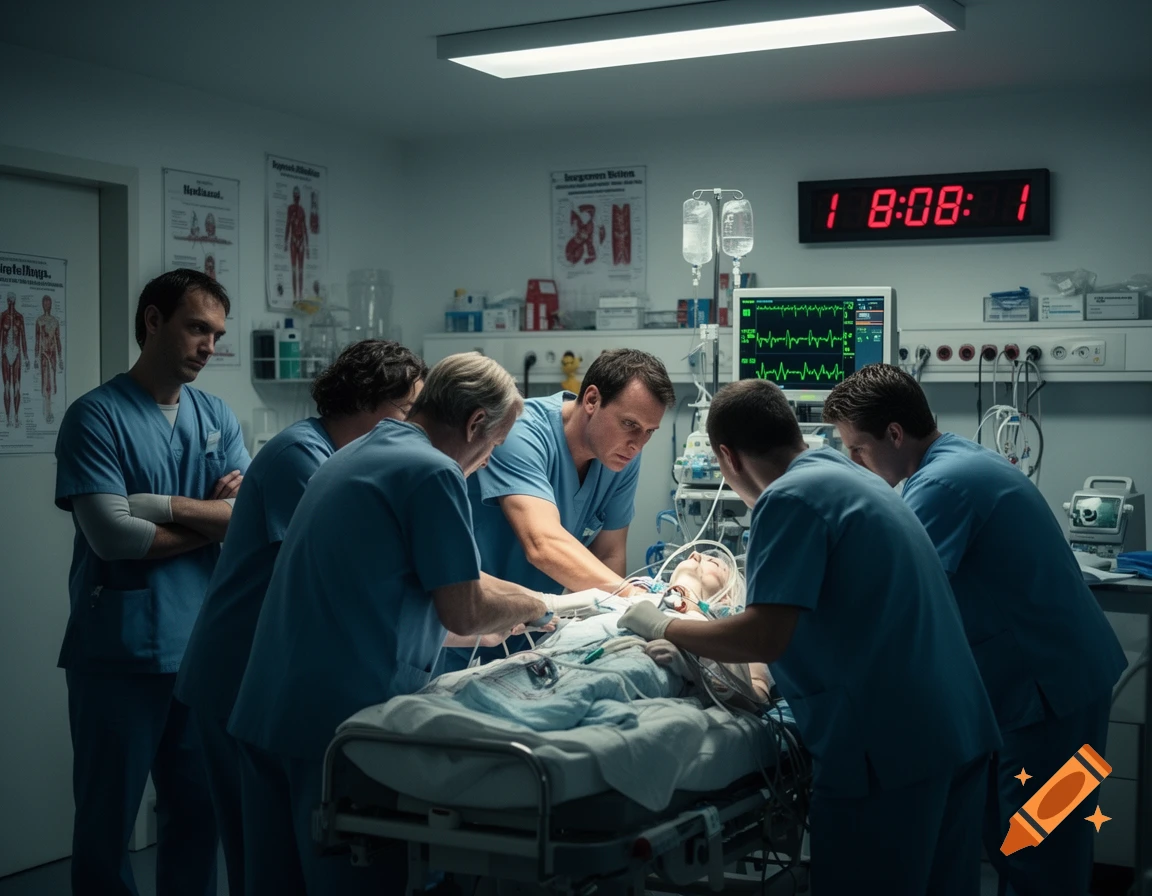 A team of doctors in blue scrubs attends to a patient on a gurney in a brightly lit hospital room with medical equipment and posters, a digital clock showing '1 8:08: 1' on the wall.