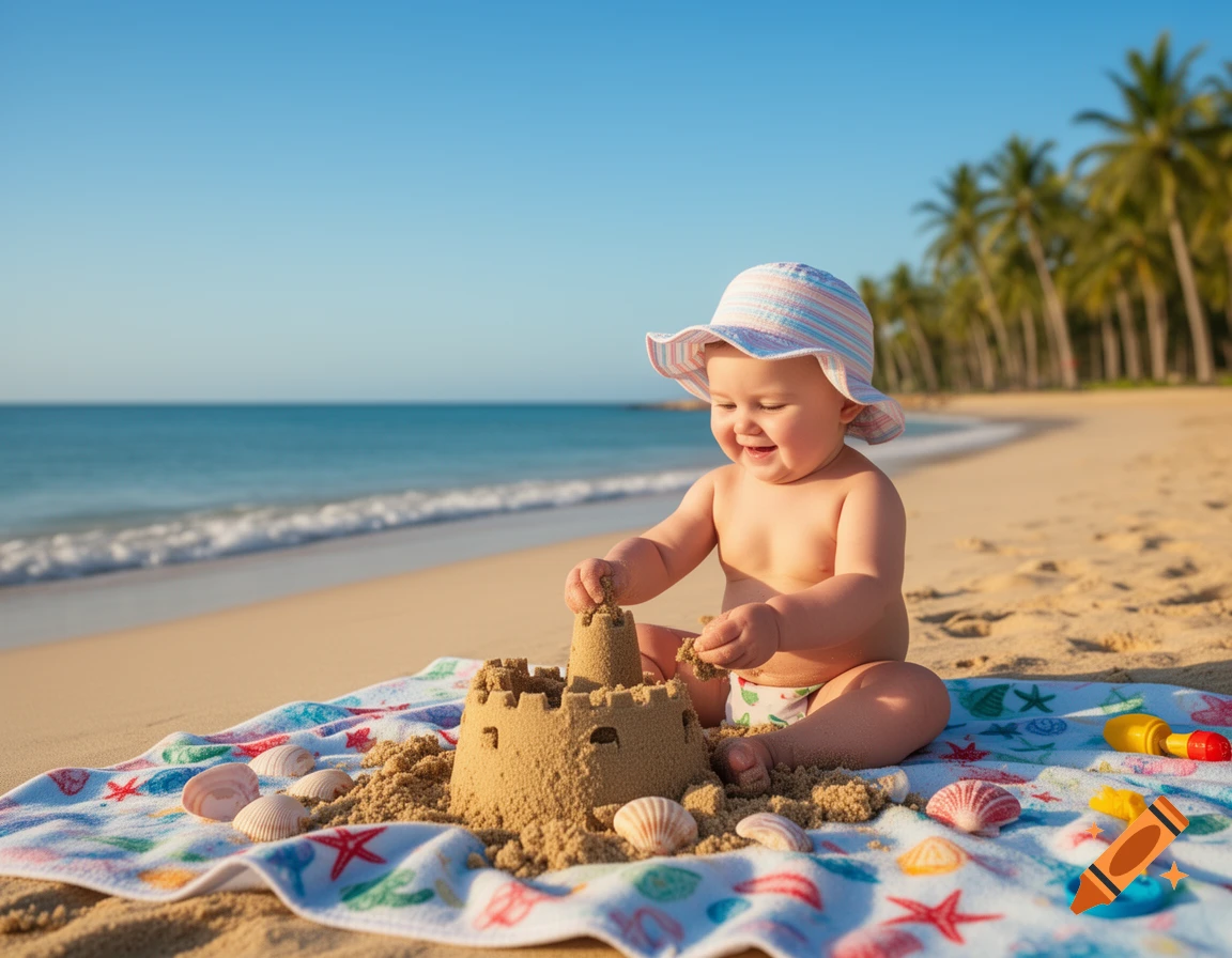 A smiling baby wearing a sun hat plays with a sandcastle on a sunny beach, with the ocean and palm trees in the background.