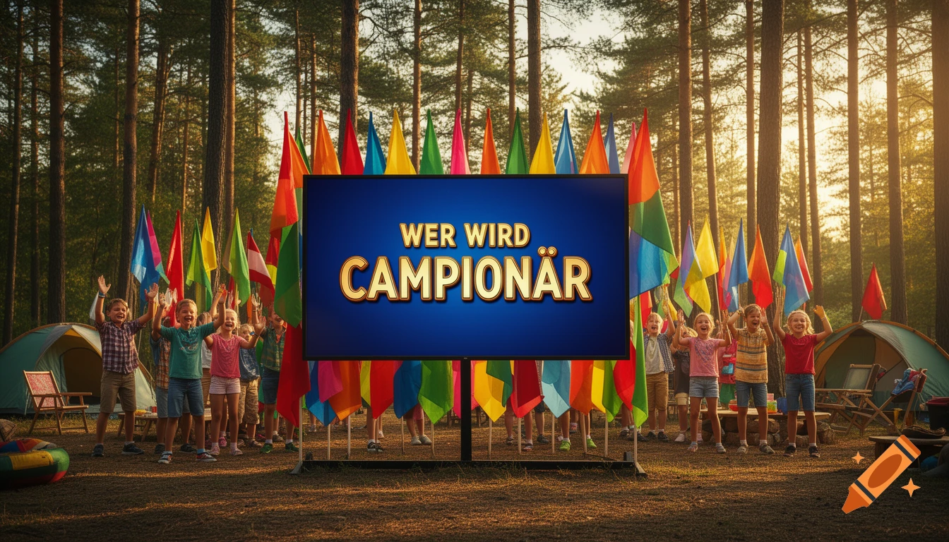 A group of happy children at a sunny campsite with colorful flags, looking at a large screen displaying 'WER WIRD CAMPIONÄR'.