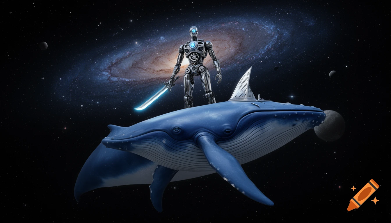 A futuristic robot with a glowing blue sword stands on a large blue whale flying through space with a galaxy in the background.