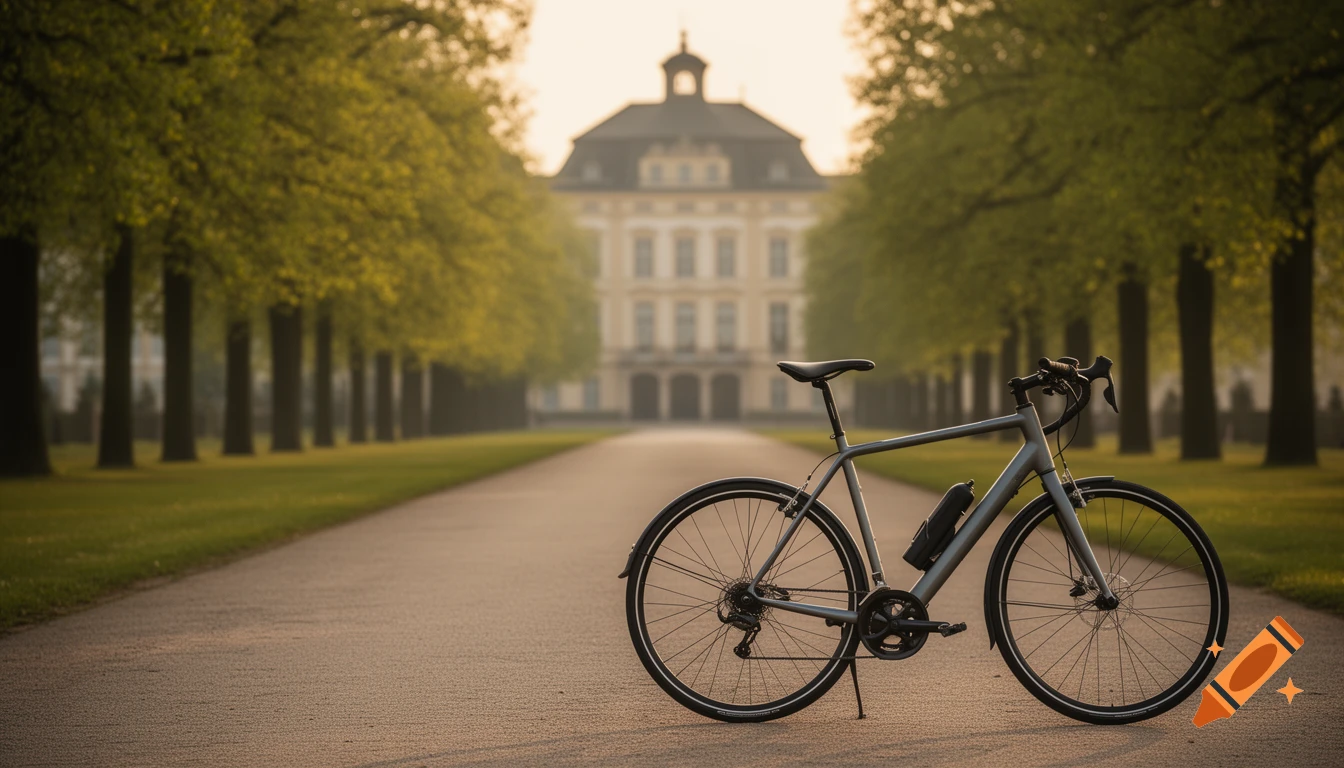 A modern touring bicycle stands on a paved path lined with trees, leading to a historic palace in soft, warm light.
