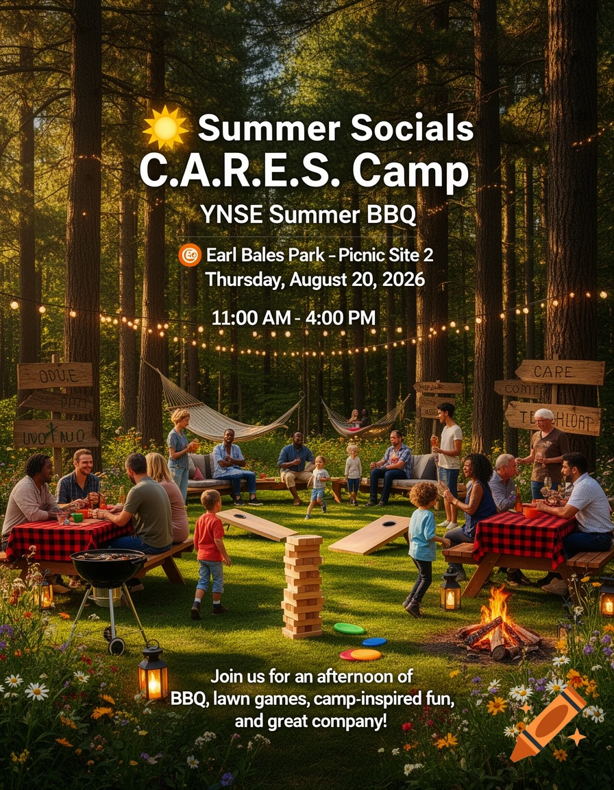 Vibrant event poster for a summer social at a woodland camp, featuring diverse people enjoying BBQ, lawn games, and conversation among tall trees and string lights.