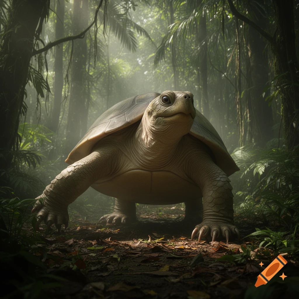 A large tortoise stands on a dirt path, surrounded by lush, misty jungle foliage and dappled sunlight.
