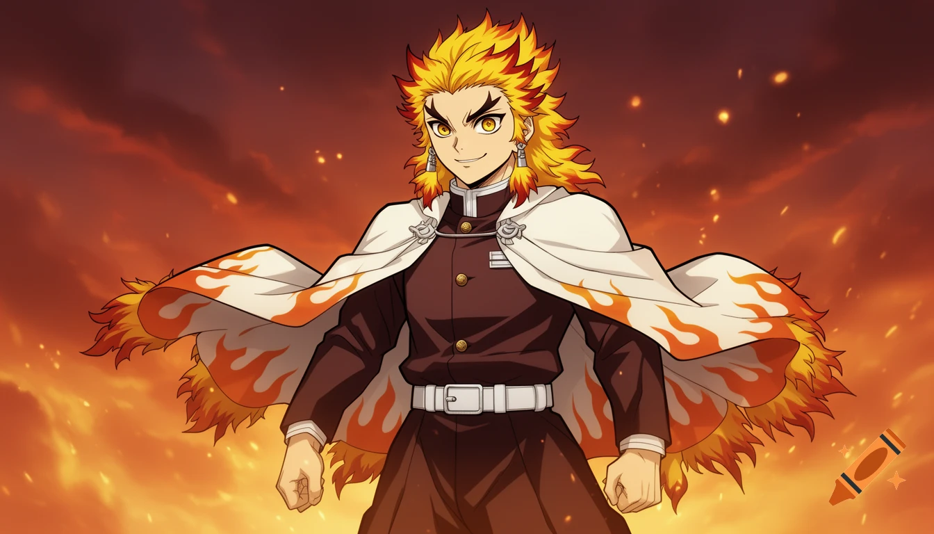 A stylized anime character with spiky yellow and red hair, wearing a brown uniform and a white cape with flame patterns, stands against a fiery orange background.