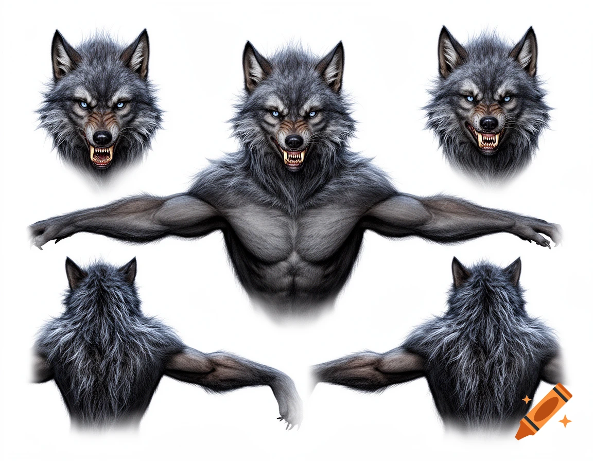 A T-pose turnaround sheet of a fierce, gray werewolf with glowing blue eyes, showing front and back body views, and three detailed head views, all on a white background.
