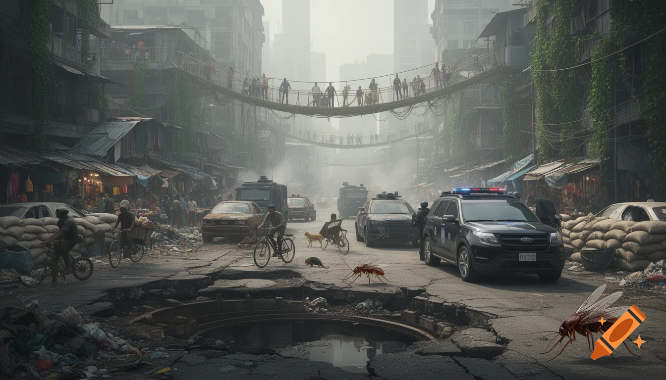 Dystopian post-apocalyptic city street with decayed buildings, crowded markets, police SUVs, and giant insects on a cracked road.