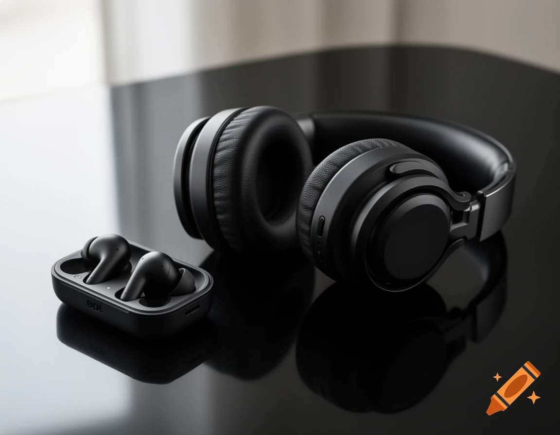 Black wireless earbuds in a charging case next to black over-ear headphones on a reflective black surface.