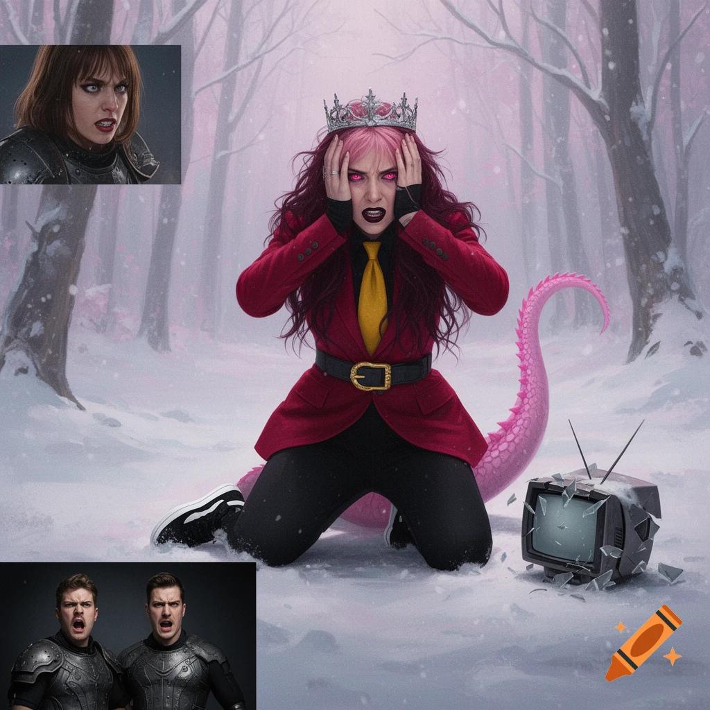 A pink-haired woman with a crown and reptile tail kneels distressed in a snowy forest next to a broken TV. Inset images show armored people looking angry.