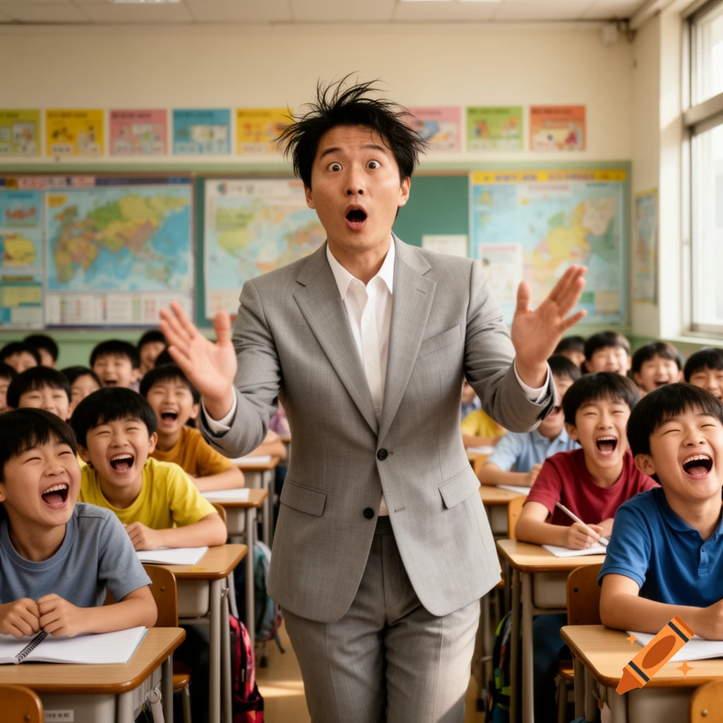 A surprised male teacher stands with open arms in a classroom, surrounded by many laughing students. Photorealistic.